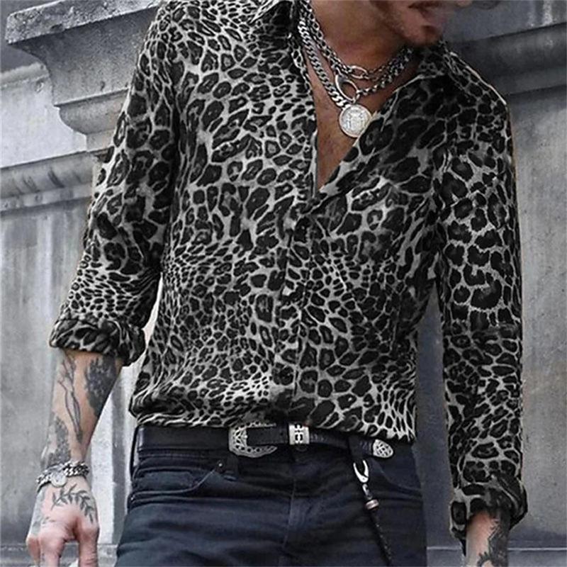 Product Introduction of Hot selling fashion luxury leopard print men's shirt single breasted printed long sleeved men's street Hawaiian top Plus size Collared Casual Collar 3