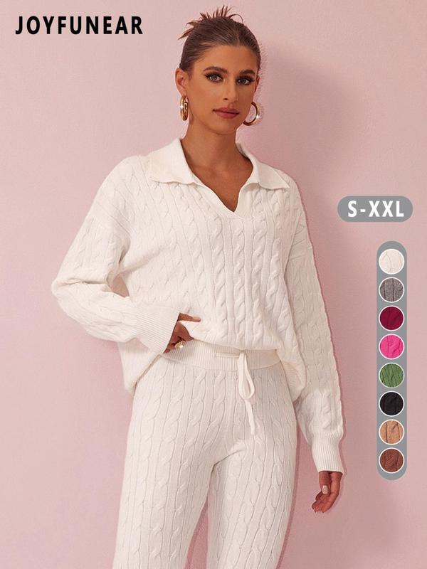 Two-piece Set Women's Solid Color Twisted Texture Drop Shoulder Sweater & Drawstring Waist Pants, Casual Fashion Cozy Knitwear Set for Daily Outdoor Wear, Outfits 2 Piece Set, Women Knitwear for Fall & Winter 3