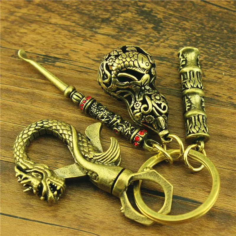 Dây Chuyền Chìa Khóa Rồng Và Phượng, Đồng Thau Cổ Điển Cao Cấp, Dành Cho Nam Giới, Búa Ngoáy Tai Hình Quả Bầu, Có Còi, Mặt Dây Chuyền Chìa Khóa Xe Hơi An Toàn, Làm Bằng Đồng Nguyên Chất Móc Khoá Móc Chìa Khoá
