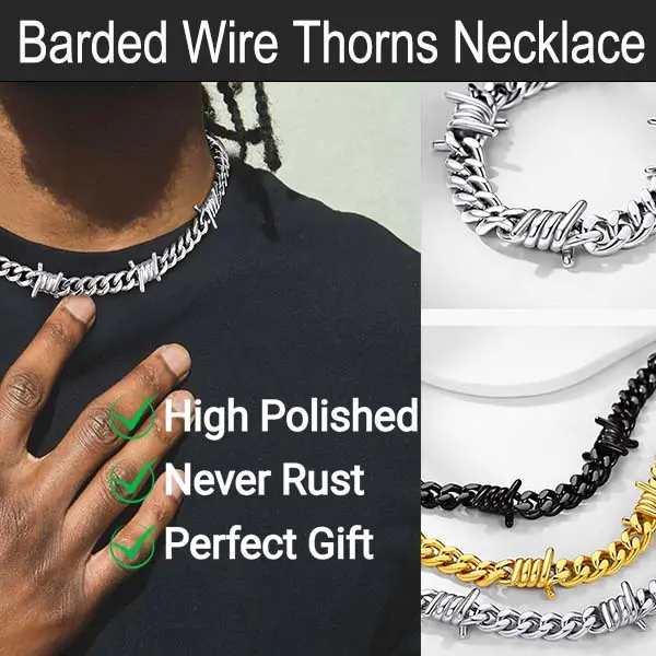 FaithHeart Cuban Link Chain Heavy Thick Barbed Wire Thorns Necklace Stainless Steel