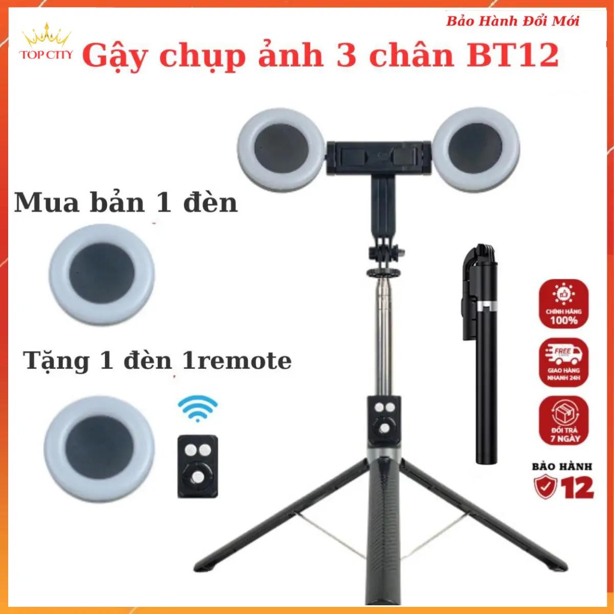 [MUA BẢN 1 ĐÈN TẶNG 1 ĐÈN] Gậy chụp ảnh 3 chân BT12 kéo dài 170cm có 2 bóng đèn led trợ sáng, bluetooth điều khiển từ xa