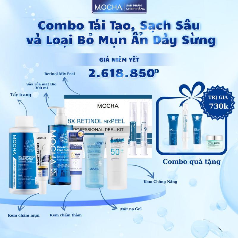 Combo Tái Tạo, Sạch Sâu và Loại Bỏ Mụn Ẩn Dày Sừng Gồm Retinol Mix Peel + Kem Chống Nắng + Sữa Rửa Mặt BIO + Kem chấm mụn Smart Target + Kem thâm Smart Whitening + Tẩy Trang Mocha + Mặt Nạ Gel + Tặng 2 sữa rửa mặt b5, 1 kem dưỡng clg, 1 ống tinh chất b5