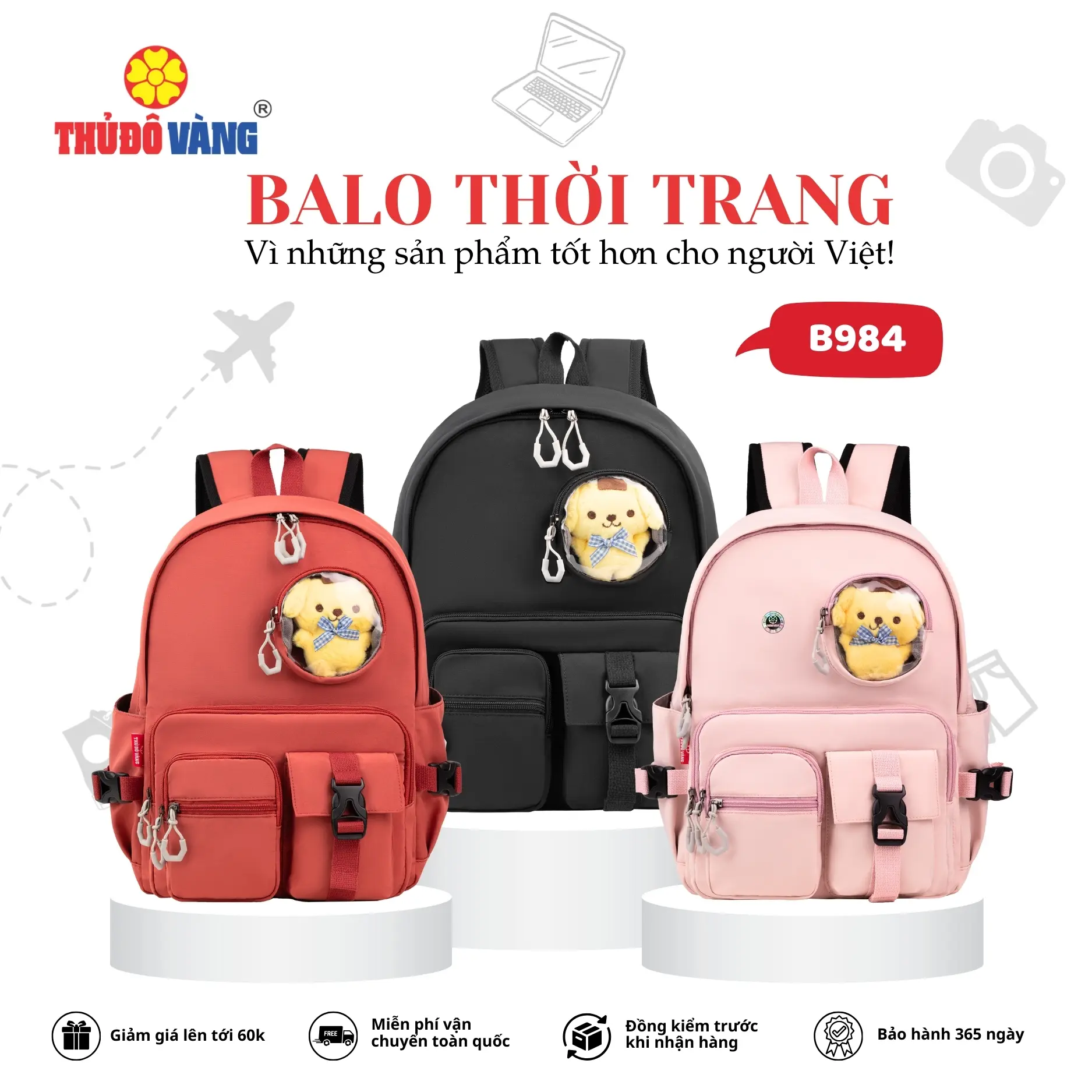 THỦ ĐÔ VÀNG Balo Đi Học Nam Nữ Thời Trang Cao Cấp, Chất Liệu Vải Polyester Chống Nước B984
