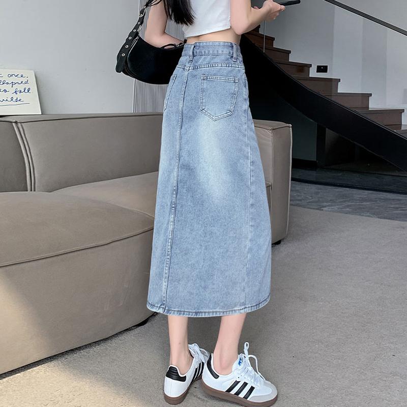 2212# Forking Denim Skirt Women Mid-Length High Waisted Hip Wrap Skirt 5