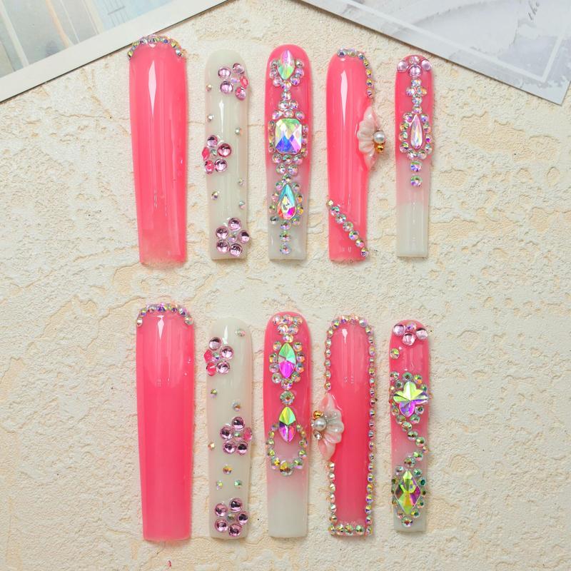 Rhinestone Decor Fake Nails with 1 Nail File & 1 Sticker Sheet & 1 Stick, 10pcs Long Square False Nails for Women & Girls DIY Nail Art, Glossy Press on Nails Set 3
