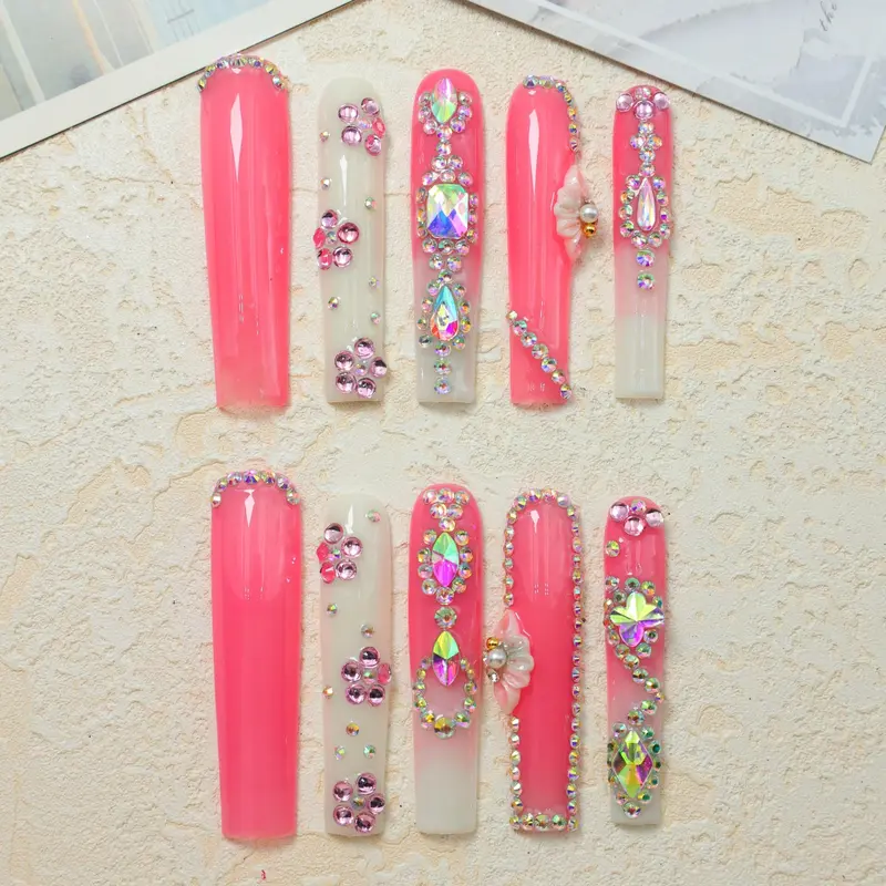 Rhinestone Decor Fake Nails with 1 Nail File & 1 Sticker Sheet & 1 Stick, 10pcs Long Square False Nails for Women & Girls DIY Nail Art, Glossy Press on Nails Set 2