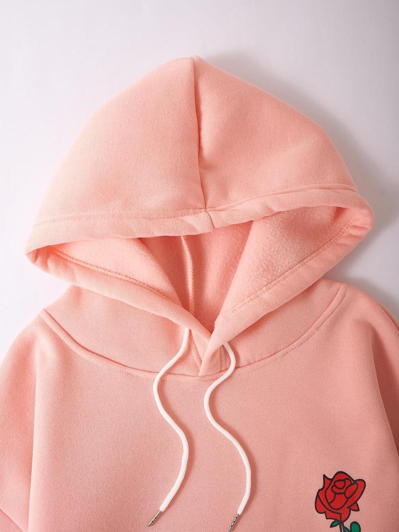 Product Introduction of Unisex Men's Rose & Letter Print Drawstring Hoodie, Casual Pocket Long Sleeve Hooded Sweatshirt, Men's Tops for Fall & Winter, Stylish Hoodies Valentine's Day, gift 8