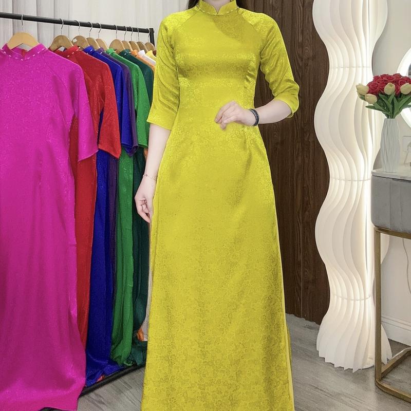 Áo dài gấm thái tuấn màu xanh đậm đính cườm Nữ Women Sen Nhung đầm