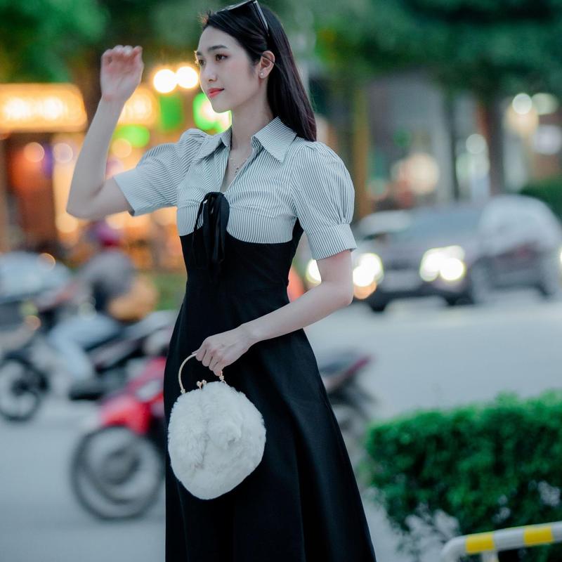 Đầm dự tiệc nữ tay ngắn phồng phối cổ sơ mi tiểu thư, váy đầm dáng dài xòe vải cotton lạnh cao cấp - RABITSWHITE 3