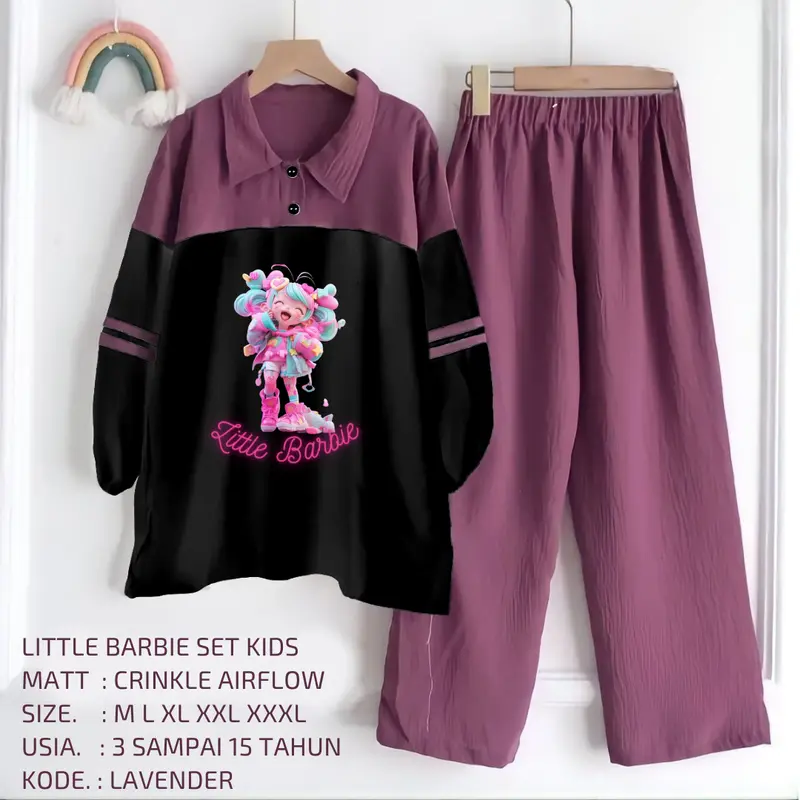 Setelan Anak Berbie Bahan Crinkle Air Flow Kekinian // Setelan Anak Perempuan Terlaris Dan Viral Little Barbie Set Kids Lengan panjang Motif Fashion Lucu 1
