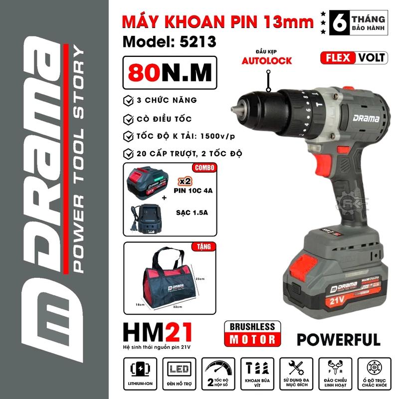 Máy khoan pin 3 chức năng DRAMA 5213, Lực siết 80Nm, Đầu kẹp 13mm autolock, Động cơ không chổi than