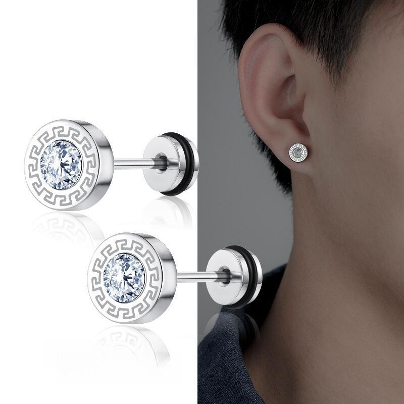 Product Introduction of Stainless trendy Great Wall pattern diamond studded screws studs fashionable punk titanium steel ear accessories 1