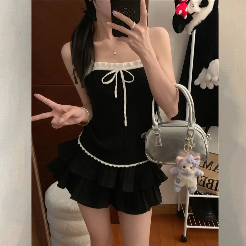 Pure Sweet Hot Girl Lace Edge Camisole Women's Summer Bow Base Ride Slim-Fit Crop-Top Outer Wear