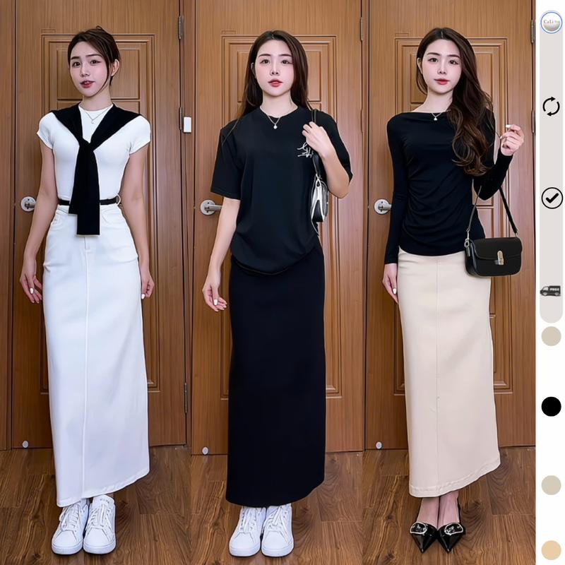 Chân váy dài 90cm cạp khoá suông xẻ tà sau chất Jean Kaki mềm giãn M221