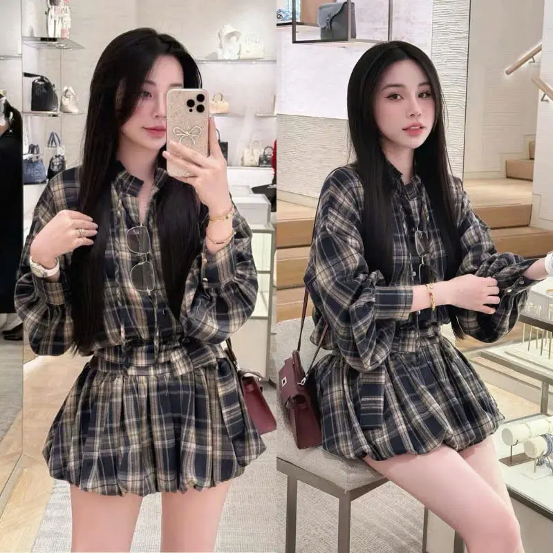 Set đồ caro nữ dài tay dáng váy – Thiết kế kèm quần short ẩn, mặc đi chơi, shopping cực xinh
