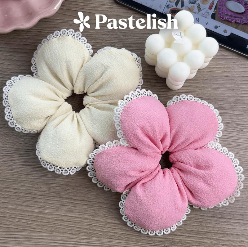 Scrunchies Bông Hoa 5 cánh phối ren chần bông mịn bên trong dây buộc tóc 3 chiều vải xốp phồng phong cách Hàn Quốc Pastelish Women Voan