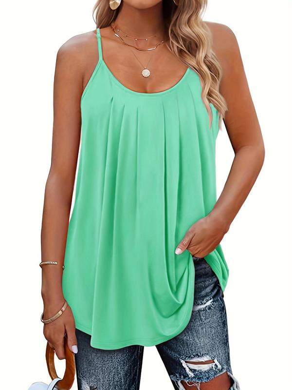 【 Plus Size】 Plain Plicated Scoop Neck Cami Top, Comfort Adjustable Spaghetti Strap Top for Lady, Women's Clothing for Daily Wear, Evening Top on Holiday, Womenswear 7