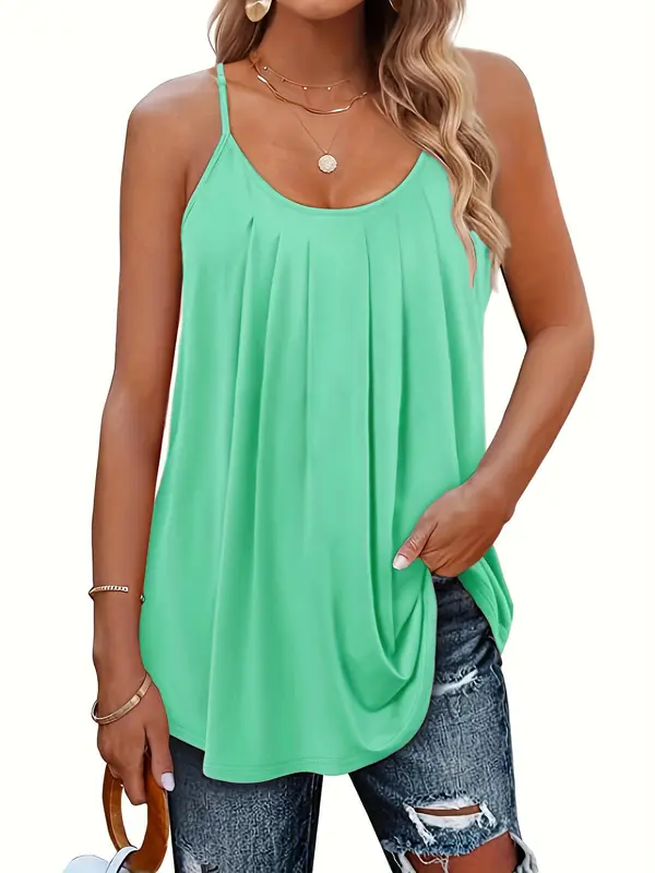 【Plus Size】 Plain Plicated Scoop Neck Cami Top, Loose Fit Comfort Adjustable Spaghetti Strap Top for Lady, Women's Clothing for Daily Wear, Evening Top on Holiday, Womenswear, Sleeveless Blouse 7