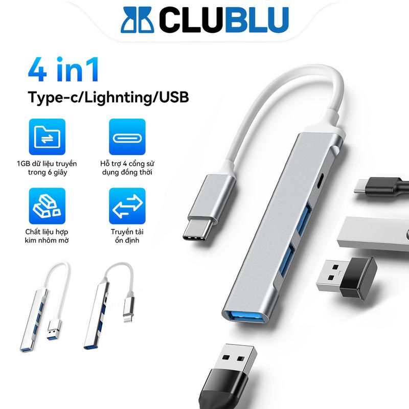  CLUBLU HUB Bộ Chia Cổng Chuyển Đổi USB3.0 to Type-C Lighting 4in1 cho PC MacBook Laptop Điện Thoại 15cm 390MB s Không Cần Nguồn Điện Bên Ngoài 