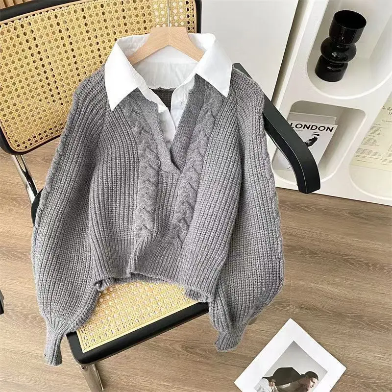 Áo Len, OOTD, Áo Mặc Bên Ngoài Nữ Mùa Thu Và Mùa Đông, Dài Tay, Thiết Kế Đẹp Mùa Thu, Cổ Polo Độc Đáo Áo Sơ Mi Phong Cách Phương Tây, Hai Mảnh Giả