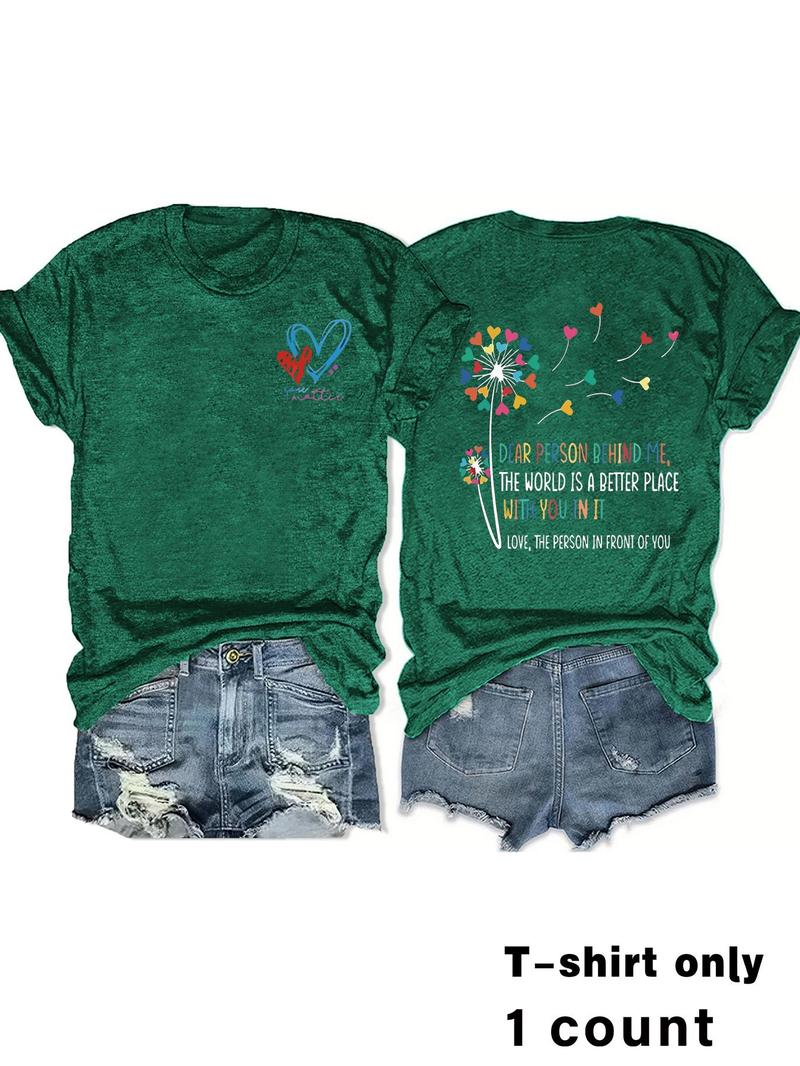 Product Introduction of Women's Dandelion & Letter Print Round Neck Tee, Fashion Casual Crew Neck T-shirt for Daily Holiday Vacation Outdoor Wear, Ladies Clothes for Summer 1