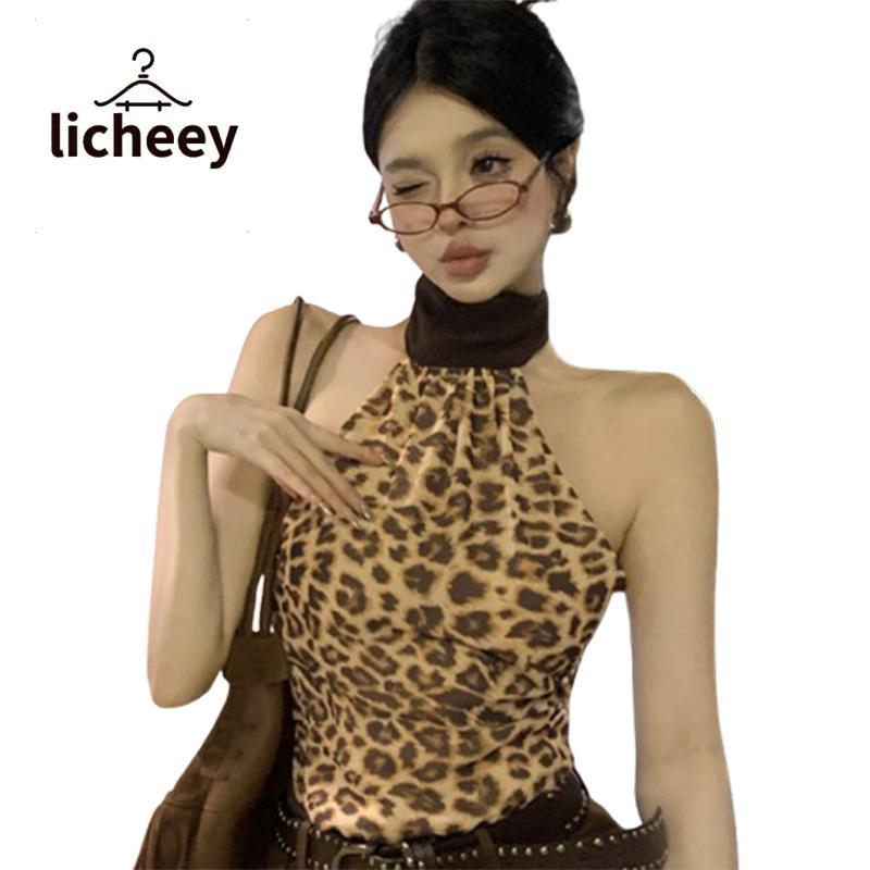 Áo Ba Lỗ Cổ Yếm Cho Nữ Áo Ôm Dáng Họa Tiết Da Báo Cổ Cao Không Tay Áo Mùa Hè