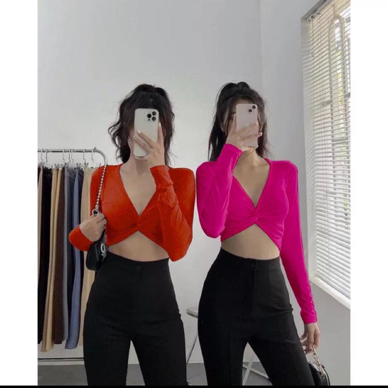 Áo kiểu nữ xoắn eo cổ tim tay dài phom croptop vải xốp nhật cotton Cổ Tròn Sơ Mi