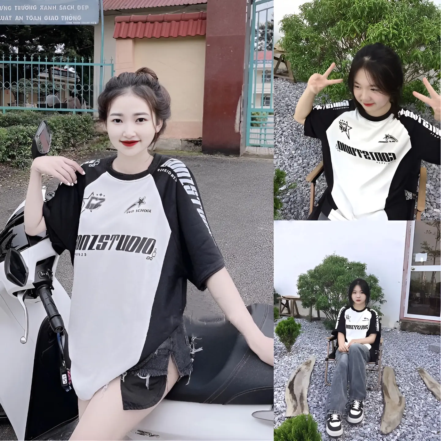 Áo gonzstudio thun Raglan phối đen trắng form rộng vải Poly mát 2 chiều cao cấp co giãn dày dặn Top Nữ Cổ Tròn Áo Thun