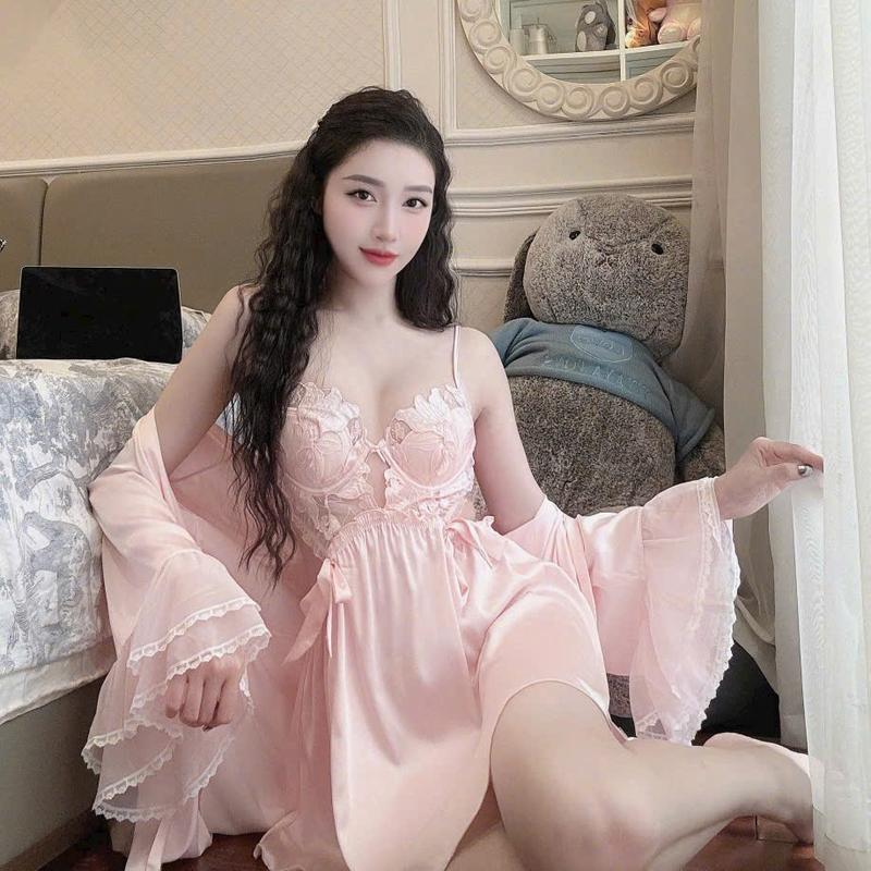 V158 Váy Ngủ Lụa Hoa Dáng Ngắn Tiểu Thư Đầm Ngủ QCCC Kèm Quần Váy Lẻ Ko Kèm Choàng