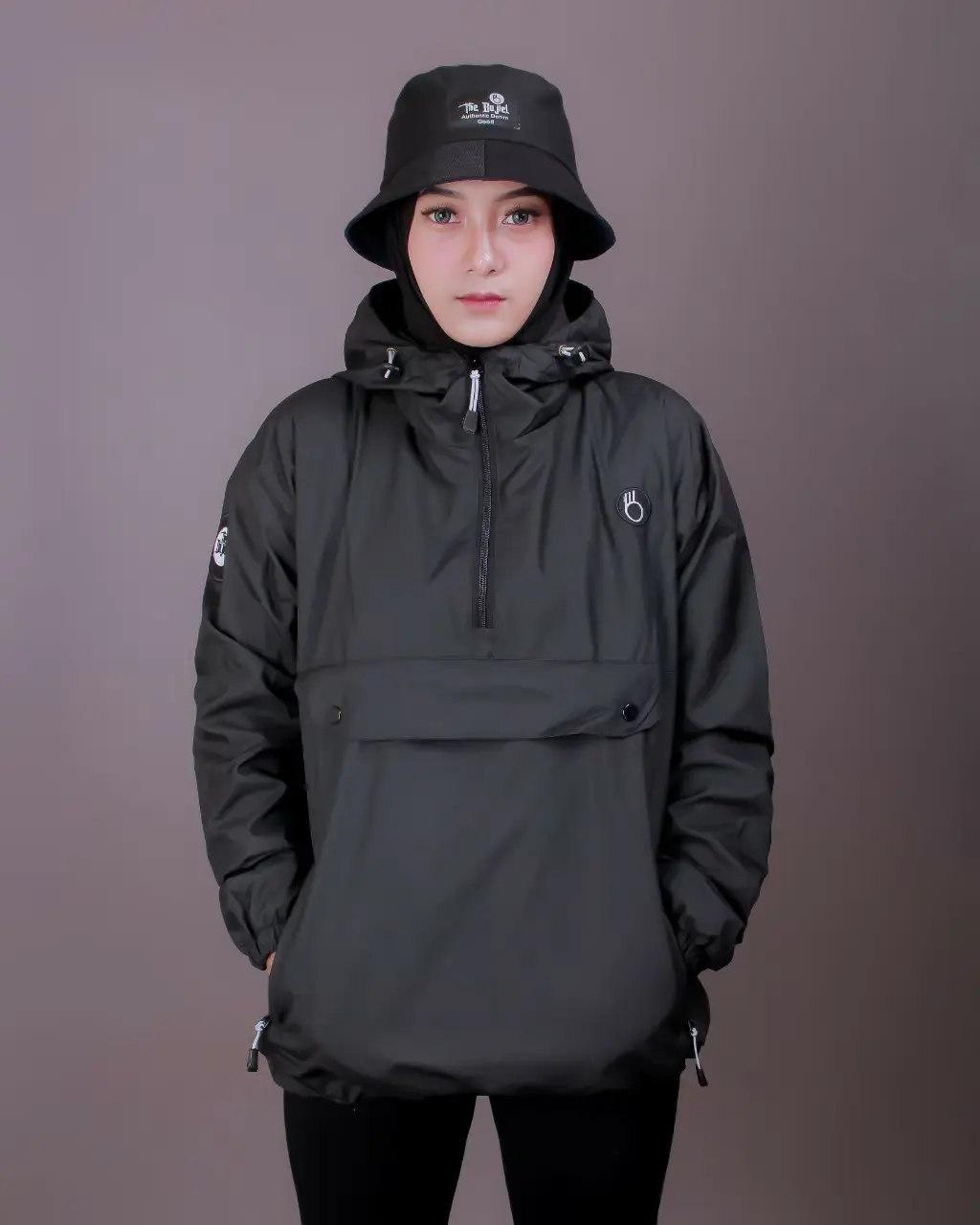 Jaket Cagoule Simple Wanita Pria Jaket Parasut Tahan air Jaket Saku Besar Depan Panjang Waterproof