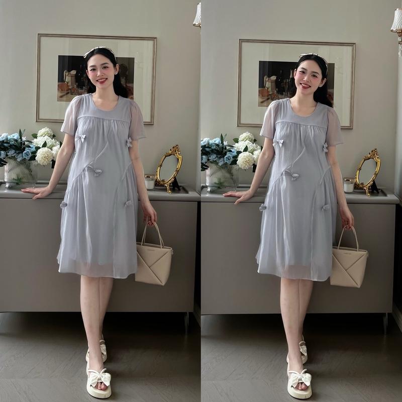 MUMMUM/Đầm bầu tơ SINJ nhún tà nơ xinh cách điệu nhẹ nhàng, dễ thương xinh xắn./váy bầu tết, đầm bầu tết, Noel Voi Nữ Women Dress Đỏ