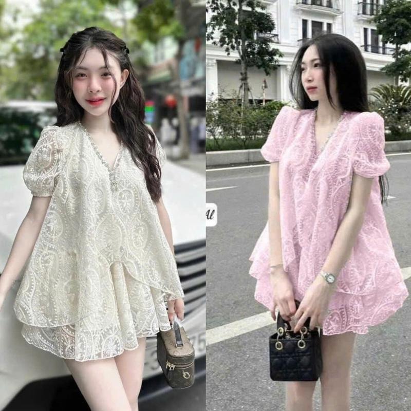 Sét váy thiết kế tiểu thư nữ cách điệu sang chảnh, sét ren hoa babydoll cổ v đính đá tay bồng vạt khoét phối chân váy xòe nhẹ dáng ngắn