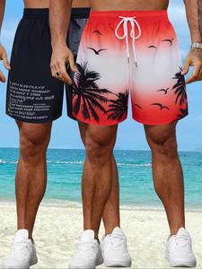 Men's Regular Fit Palm Tree Print Beach Shorts, Casual Quick Drying Swim Shorts for Summer, Men's Shorts for Beach Vacation