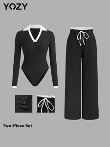 YOZY Women's Colorblock Ribbed Two-piece Set, Casual Long Sleeve Button Closure Crotch Top & Frill Trim Pocket Drawstring Waist Pants Set for Daily Wear, Ladies Two-piece Outfits for All Seasons