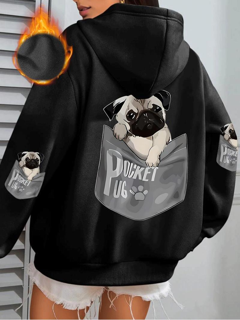 Product Introduction of Women's Cartoon Pug & Letter Print Hoodie, Fashion Casual Pocket Hooded Sweatshirt for Daily Holiday Outdoor Wear, Women Clothing for Fall & Winter,  Pug Merch 1