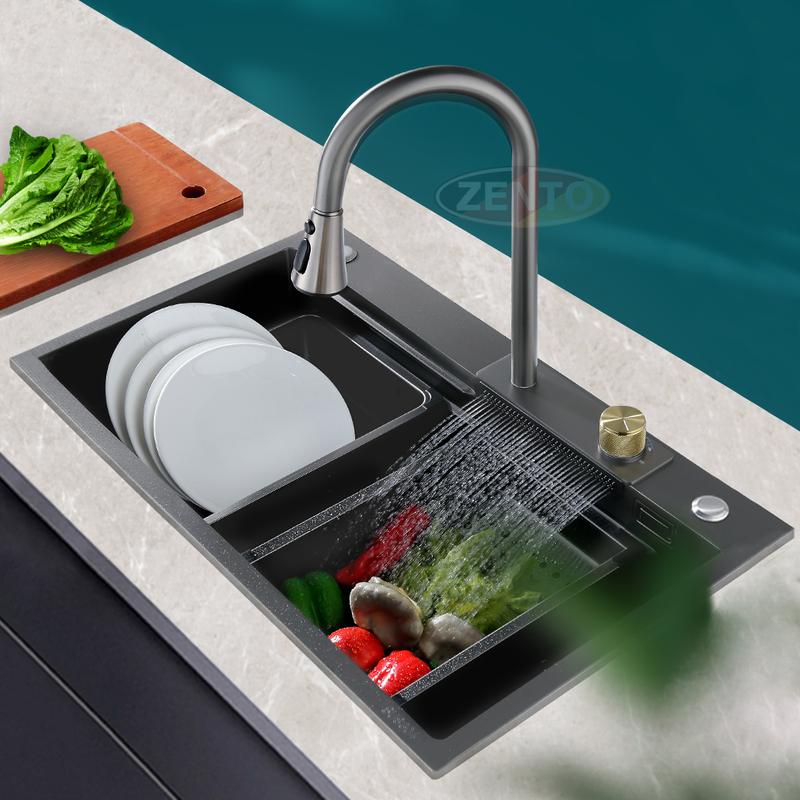 CHẬU+VÒI CHẬU DÀY 3ly Chậu Rửa Chén Bát 1 hộc CAO CẤP VÀ VÒI RÚT HIỆN ĐẠI,CHẬU PHỦ NANO ĐEN CHỐNG TRẦY N20 7546 KHAY VÀ THỚT và xả 1