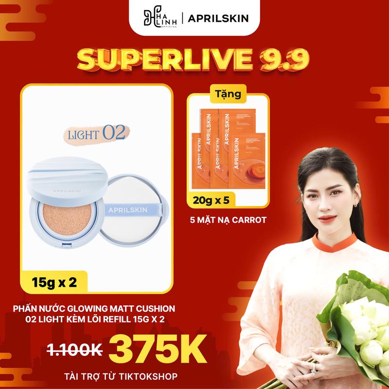 [Võ Hà Linh x APRILSKIN] Phấn Nước Glowing Matt Cushion 15g*2 (kèm lõi refill) 02 Light+ Tặng 5 mặt nạ carot 20gx5