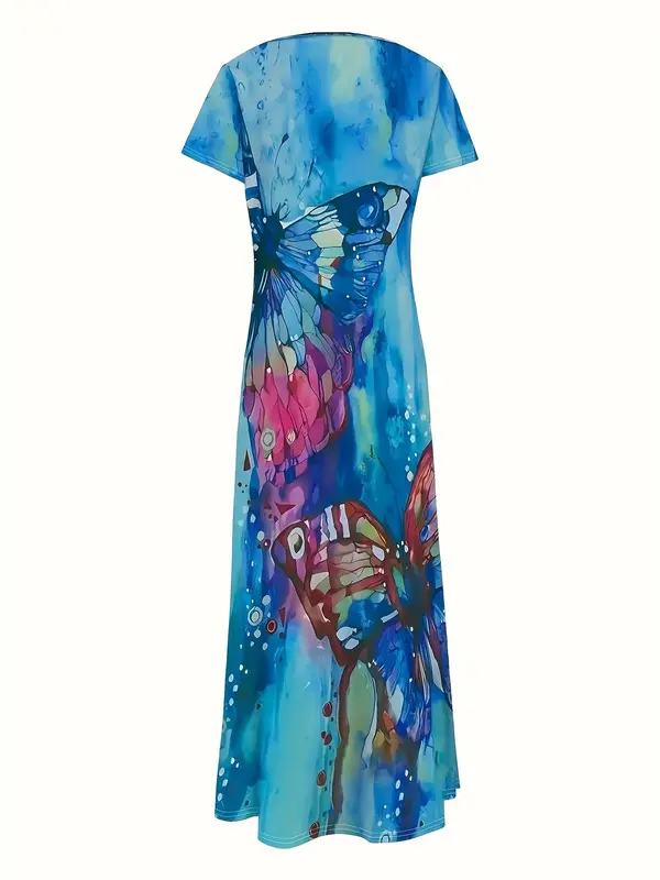 Women's Butterfly Print V Neck Dress, Fashion Casual Short Sleeve Long Dress for Daily Holiday Vacation Wear, Women Dress for Spring Fall 4