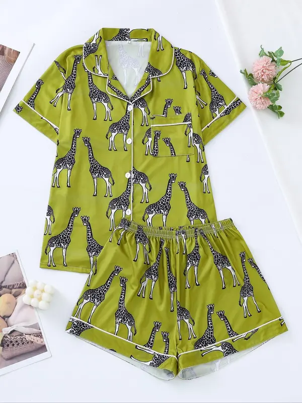 Women's Cartoon Giraffe Print Pyjama Set, Button Front Lapel Shirt Tops & Shorts Loungewear Set, Pjs Pajama Set for Women, Shortsleeve Homewear, Lounge Sets, Hide Tummy Wear Uk, Womenswear, Womens Clothes, Premium Fabric 2