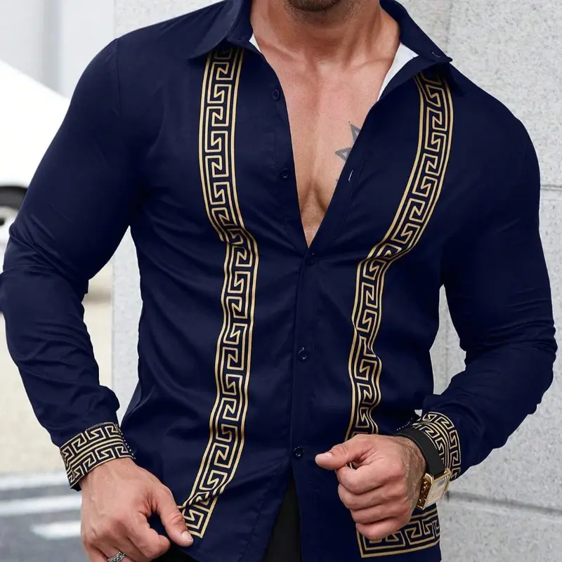 Men's Business Casual Retro Style Printed Shirt Formal Button Up Shirt Lapel Long Sleeved Four-way Elastic Fabric Men's Shirt
