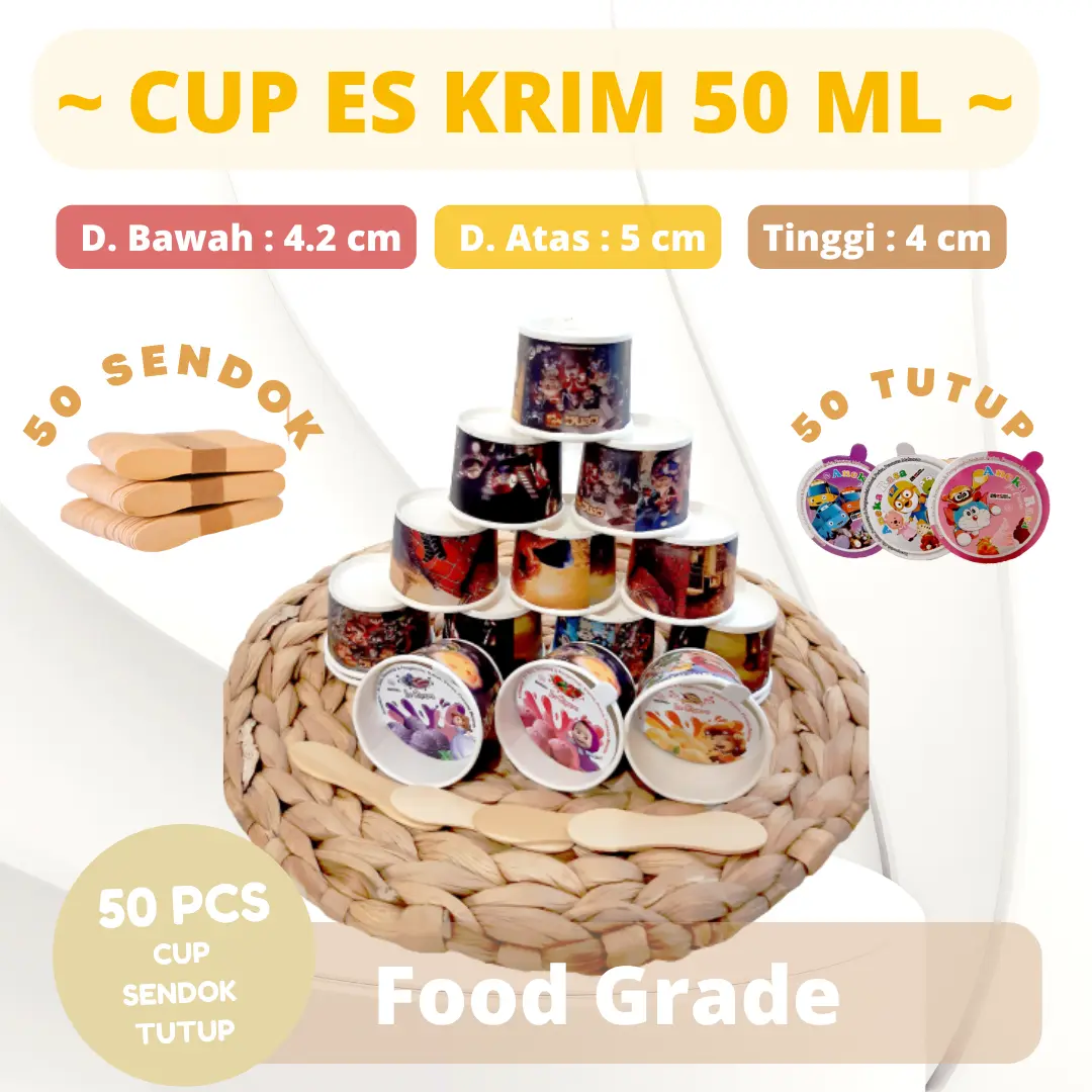 CUP ICE CREAM PAPER MOTIF 50ML PAKET ES KRIM CUP GELAS ICE CREAM TUTUP SENDOK CUP ESKRIM KARAKTER