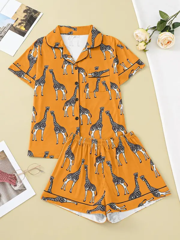 Women's Cartoon Giraffe Print Pyjama Set, Button Front Lapel Shirt Tops & Shorts Loungewear Set, Pjs Pajama Set for Women, Shortsleeve Homewear, Lounge Sets, Hide Tummy Wear Uk, Womenswear, Womens Clothes, Premium Fabric 6