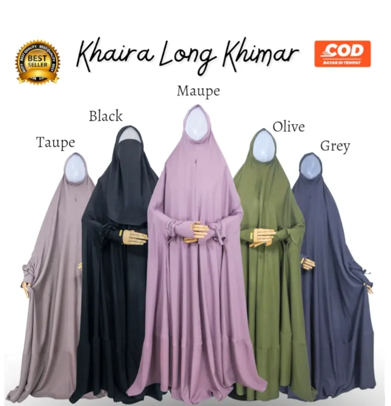 Khaira Long Khimar Jumbo busui overhead instan praktis by hasna moslem  Jilbab  Muslim  Wanita  Syari Non Pad Panjang Tangan Pita Zipper Kerudung Soft Hitam Karet 0