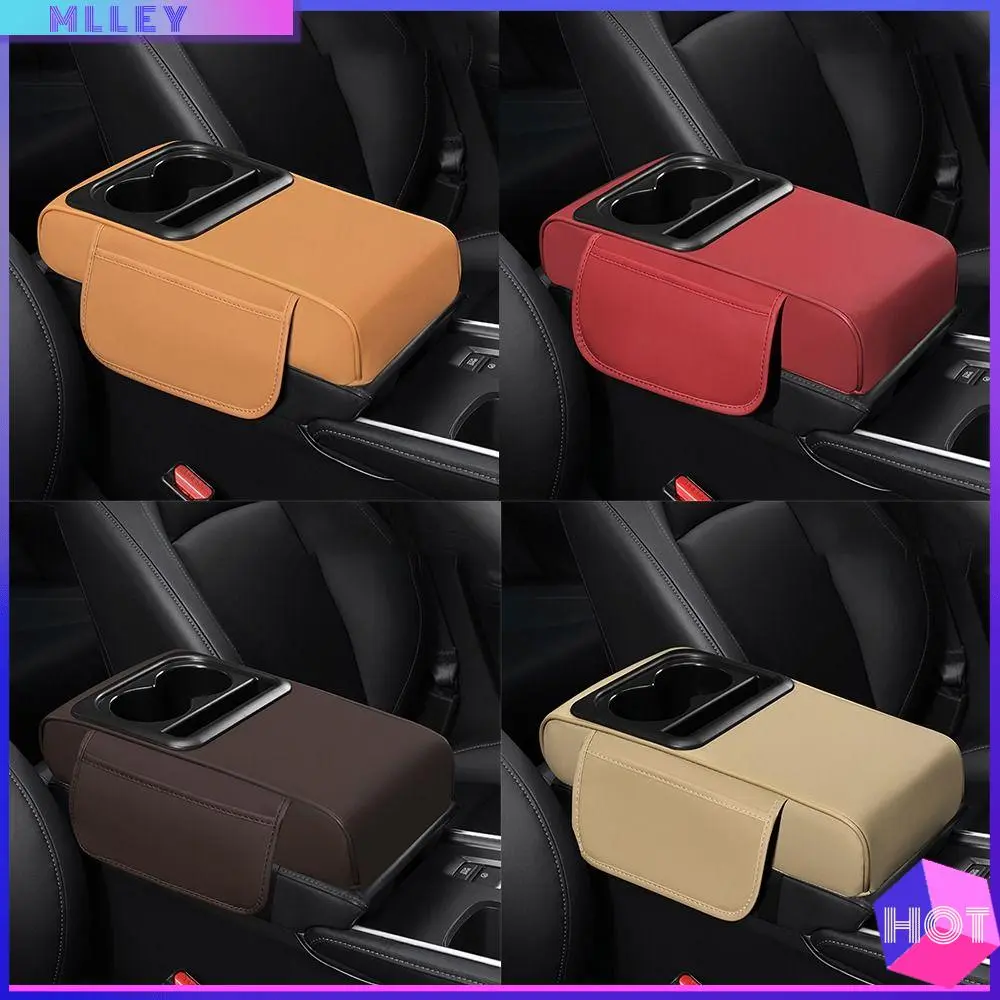 Durable PU Leather Center Console Armrest Cushion Height Increasing Multifunctional Armrest Pad with Cup Holder Car Armrest Pillow for Car Universal