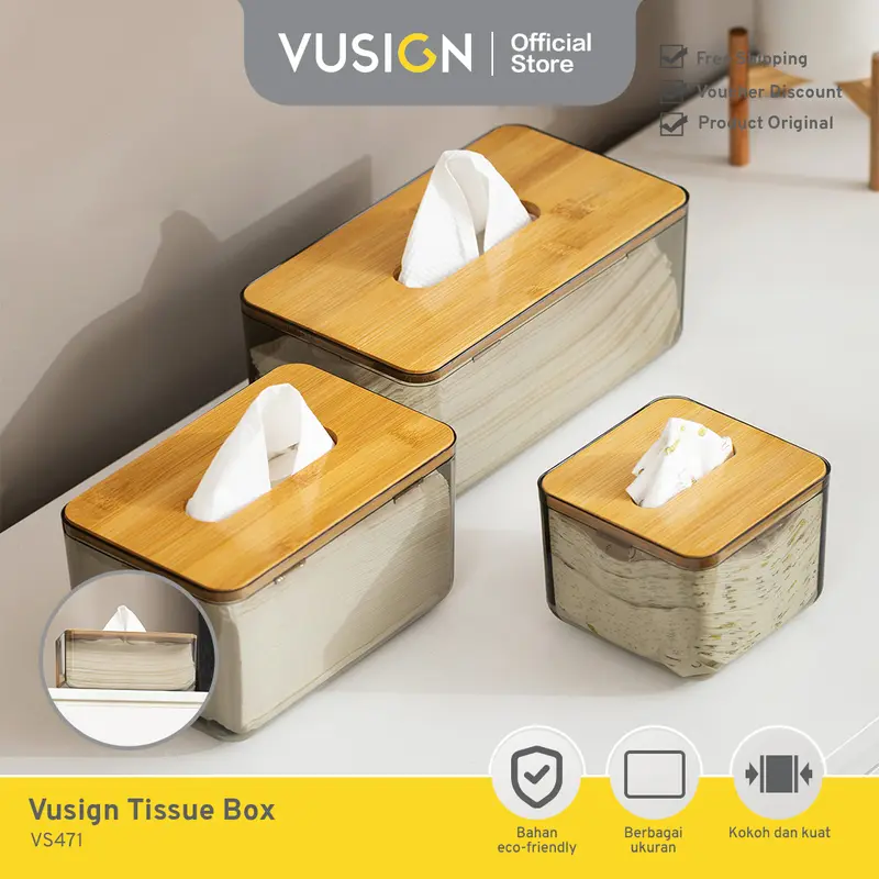 Vusign Tissue Box / Kotak Tissue Transparan Kayu Bambu Alas Anti Slip VS47X 0