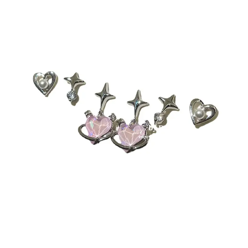 Calla - Earrings Stud 6 Pcs/Set Anting Wanita Tindik Perak Mewah Aksen Pink Love Star Pearl Zircon Style Fashion Korea