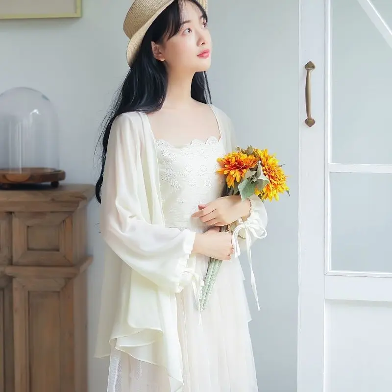 Quần Áo Chống Nắng, Với Áo Cardigan Nhỏ Có Thể Mặc Ngoài Trời, Chất Liệu Voan, Mỏng, Thích Hợp Cho Mùa Hè, Phong Cách Preppy, Áo Khoác Khăn Choàng Nhỏ Dài Trung Bình Nữ Top Women Voi Sơ Mi