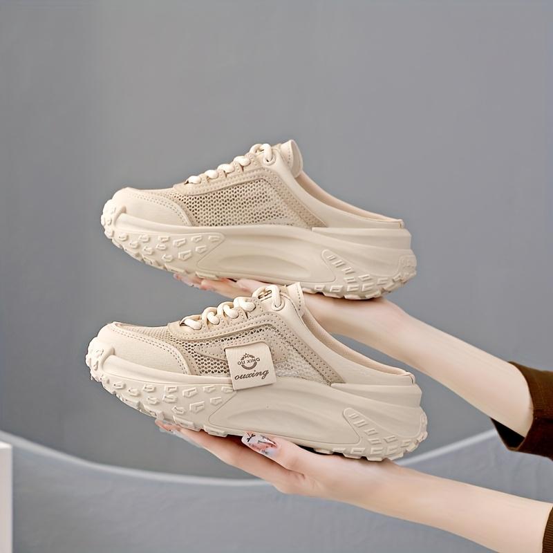 Product Introduction of Women's Breathable Mesh Slip-On Sneakers - Casual Lace-Up, Mid-Heel, Summer Fashion Shoes with Round Toe & TPU Sole, Outdoor, Half Slip-on, Leisure Style 9