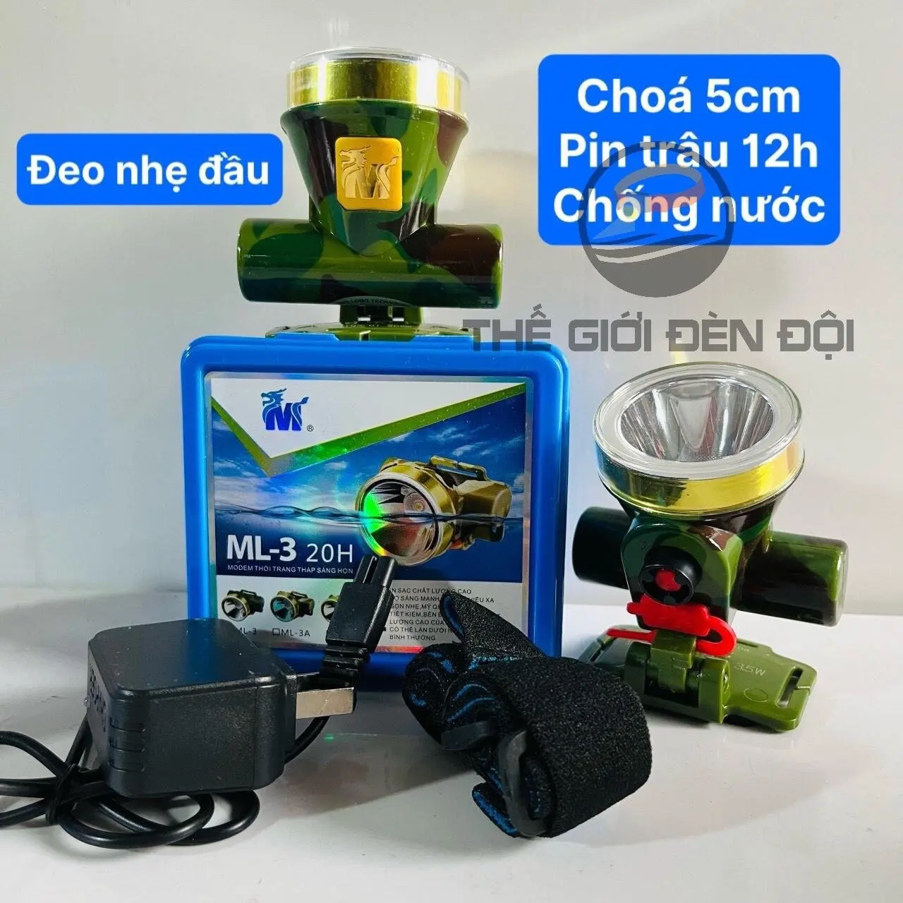 [Đi Mưa] Đèn pin đội đầu đi mưa chống nước , nhỏ nhẹ pin 12H sáng mạnh, mã ML3