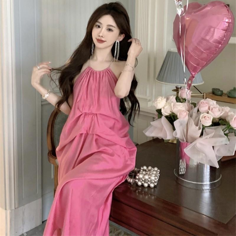 Váy Hai Dây Cổ Yếm Hở Lưng Màu Hồng, Phong Cách Ngày Lễ, Váy Mùa Hè Cho Nữ, Váy Dài, Khí Chất Đẹp, Ins 3